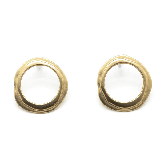 A pair of gold plated stud hoop earrings on a white background