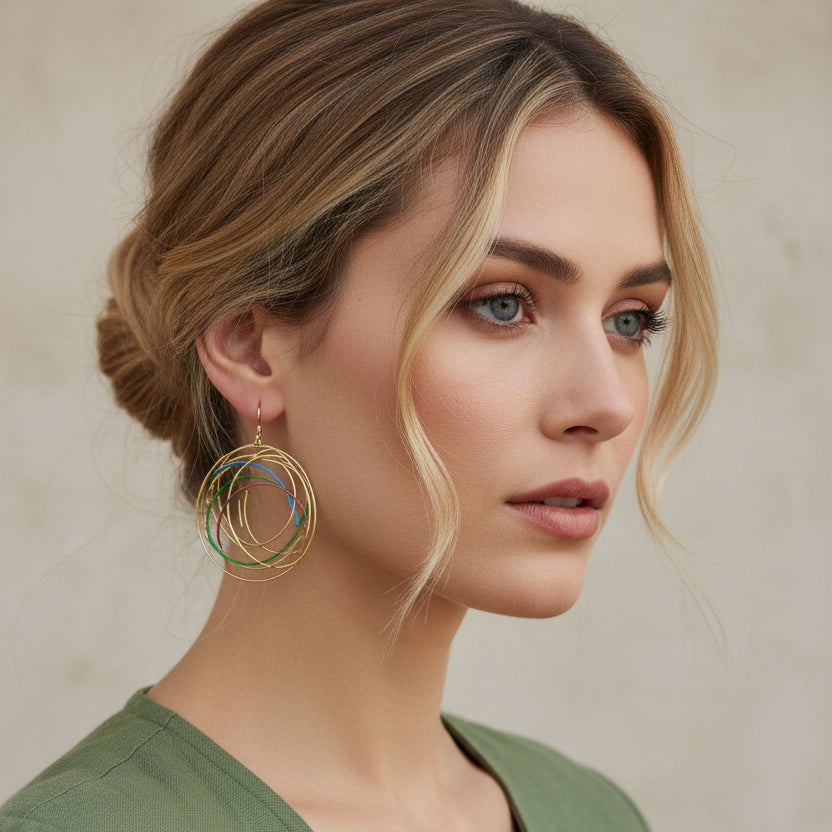 Woman wearing gold hoop earrings with a neutral background
