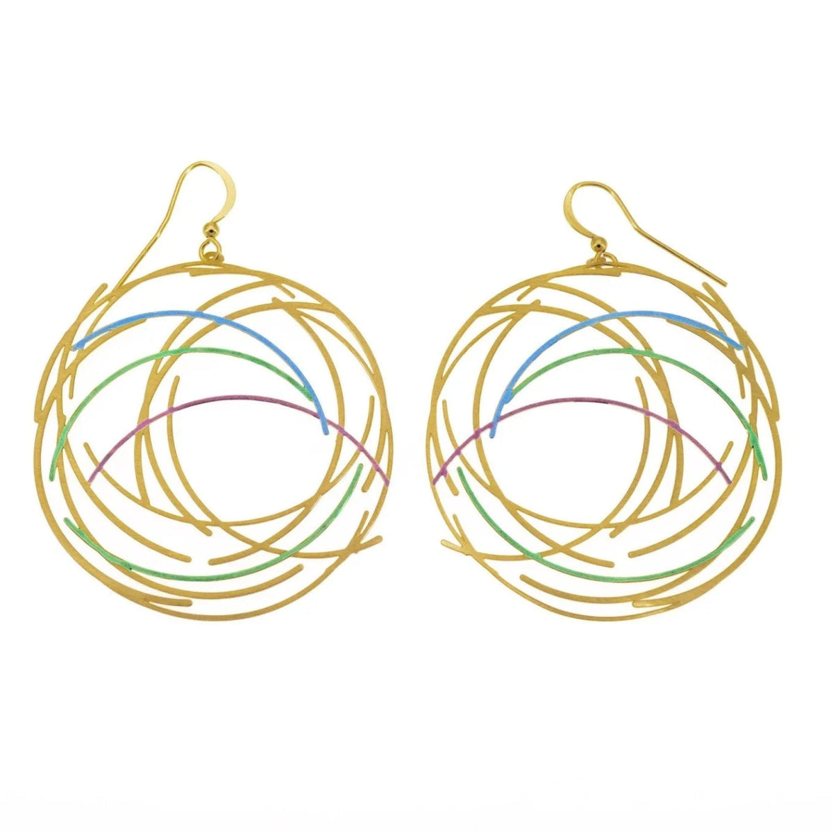 Gold hoop earrings with colorful inner rings on a white background