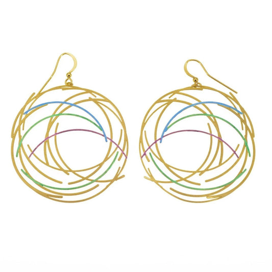 Gold hoop earrings with colorful inner rings on a white background