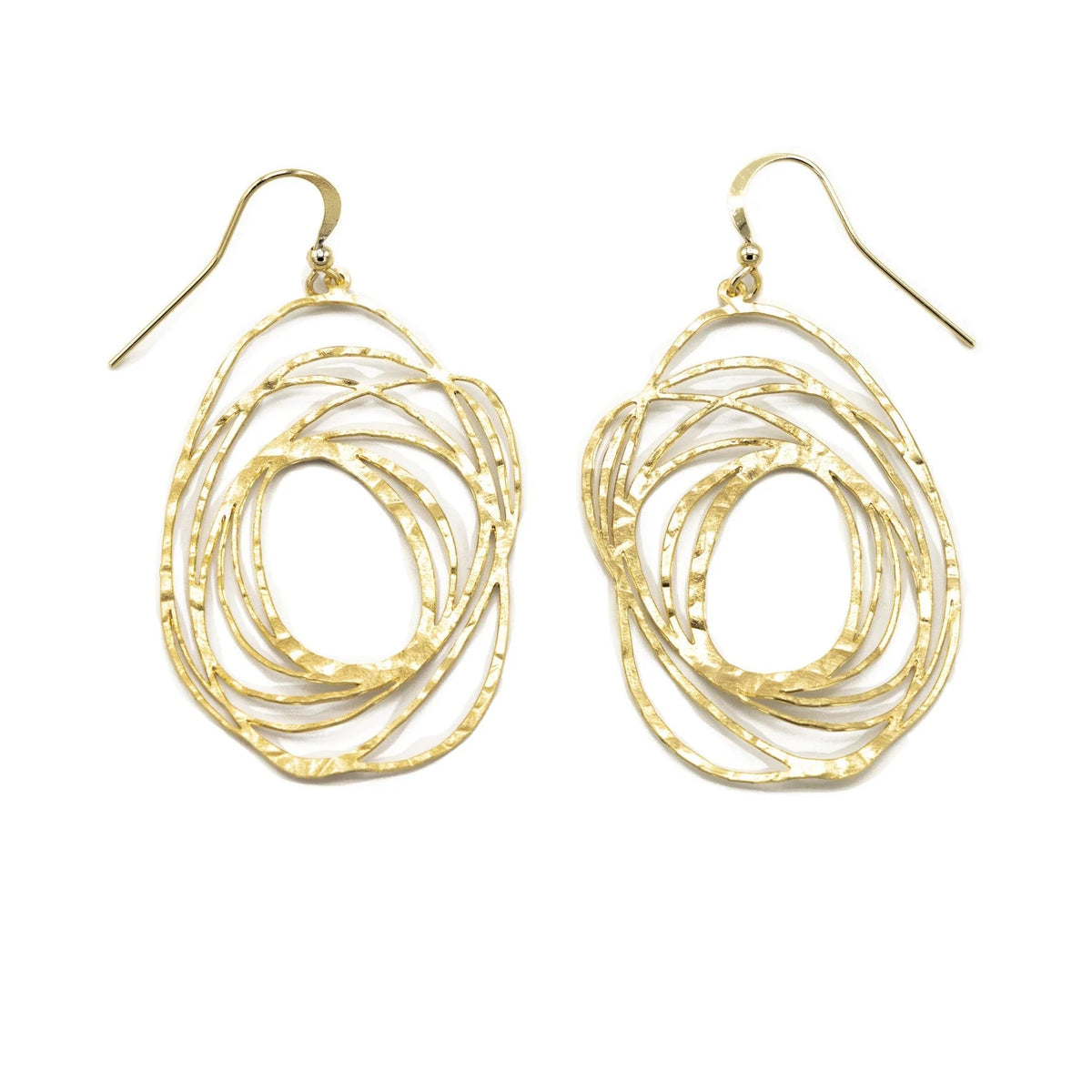 A pair of gold dangle earrings with textured, overlapping spiral rings and fishhook wires, shown on a plain white background.