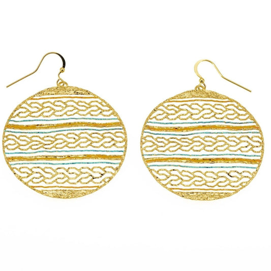 Gold and blue patterned earrings on a white background