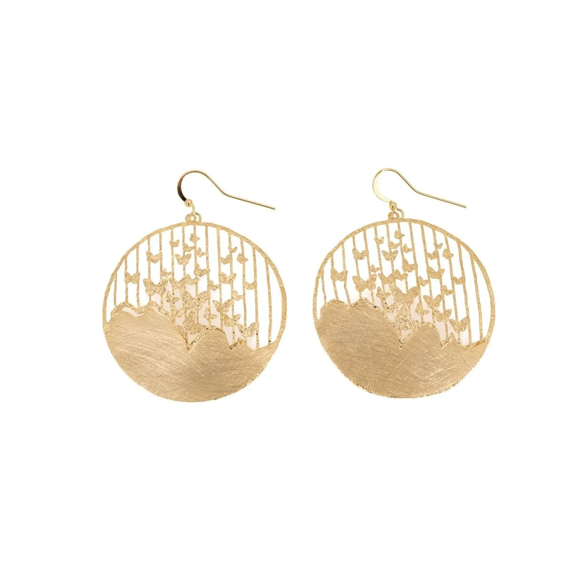 A pair of gold-toned circular drop earrings with a textured lower half and an openwork upper half, shown on a plain white background.