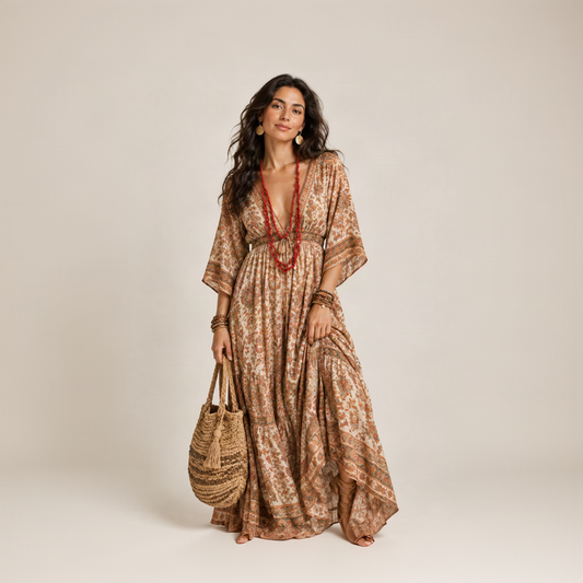 A vibrant red long silk jersey coral necklace worn by a woman in a boho outfit on a white background.