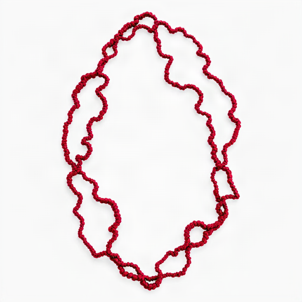 A vibrant long red silk jersey coral necklace on a white background.